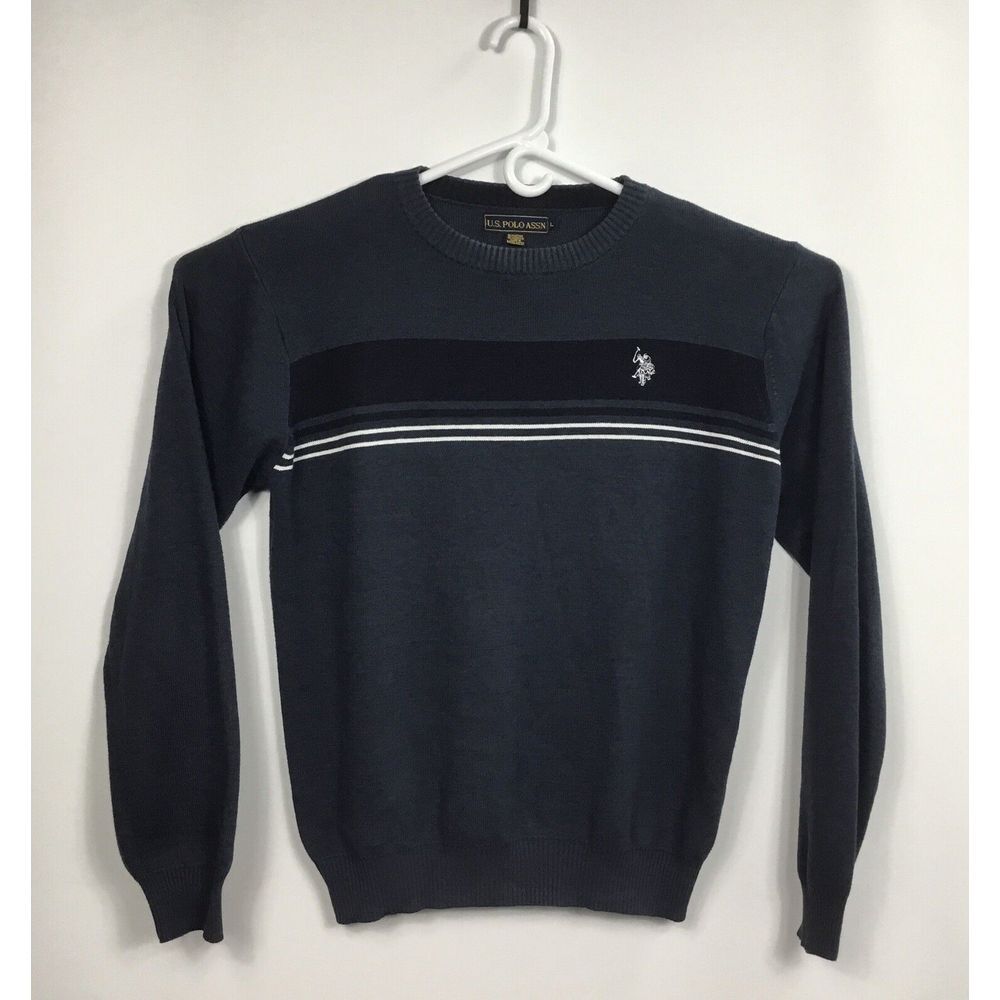 U S‎ Polo Association Mens Crew Neck Sweater Blue Gray Striped Embroidered Sz L